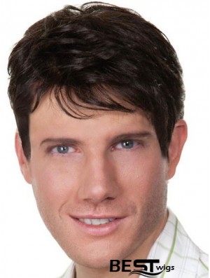 Black Short Straight Style Remy Human Hair Wigs For Men With Capless