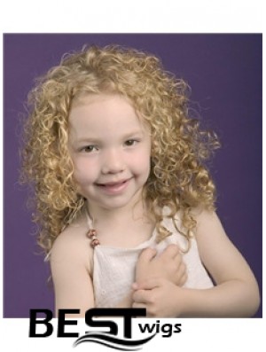 Curly Shoulder Length Blonde Synthetic 100% Hand-tied Kids Wigs