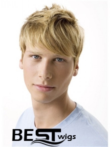 Remy Human 100% Hand Tied Short Wavy Blonde Wigs For Men