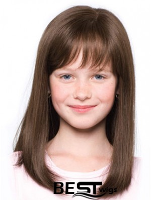 Straight Shoulder Length Brown Synthetic 100% Hand-tied Kids Wigs