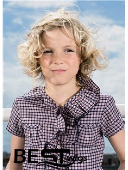 Curly Chin Length Blonde Synthetic 100% Hand-tied Kids Wigs