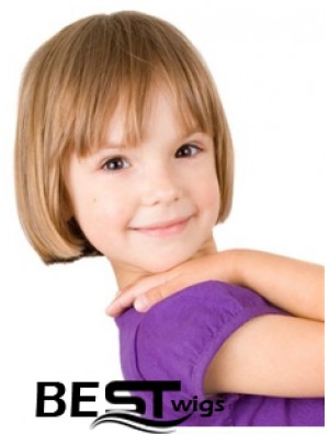 Straight Short Blonde Remy Human Hair 100% Hand-tied Kids Wigs