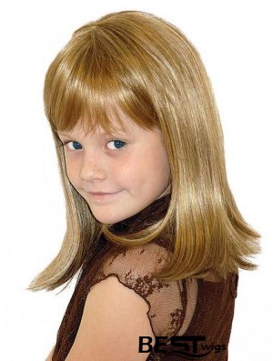 Straight Shoulder Length Blonde Synthetic 100% Hand-tied Kids Wigs