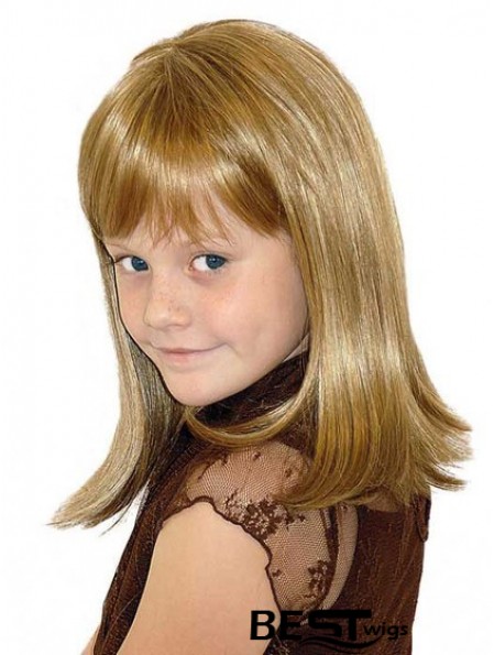 Straight Shoulder Length Blonde Synthetic 100% Hand-tied Kids Wigs