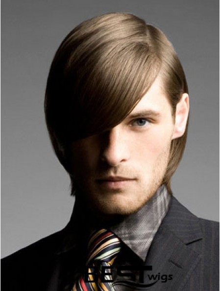 Brown Chin Length Remy Human Straight Wig For Man