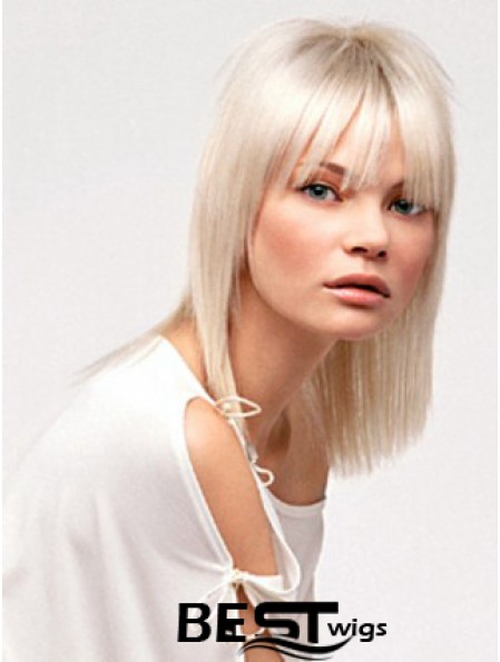 Lace Front With Bangs Shoulder Length Straight 14 inch Platinum Blonde No-Fuss Fashion Wigs