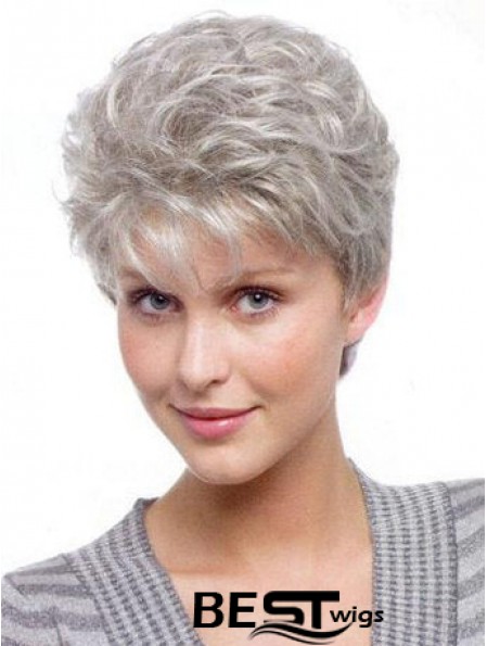 Wigs For Elderly Lady With Synthetic Grey Cut Wavy Style