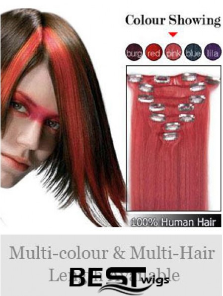 Comfortable Red Straight Remy Human Hair Clip In Hair Extensions